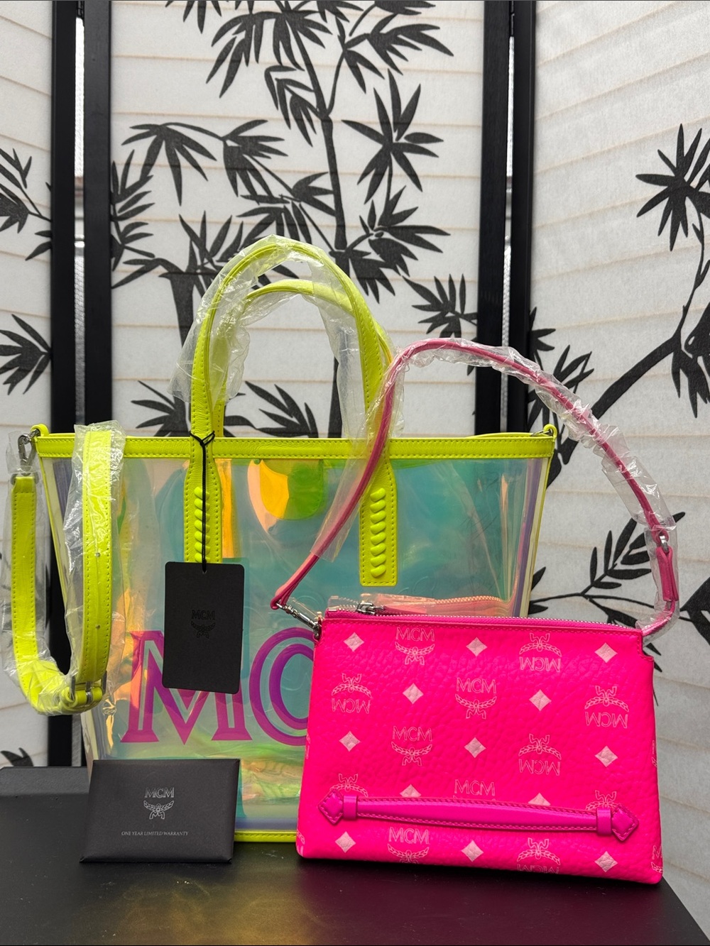 MCM Neon Yellow Iridescent Tote with Hot Pink Logo Wristlet